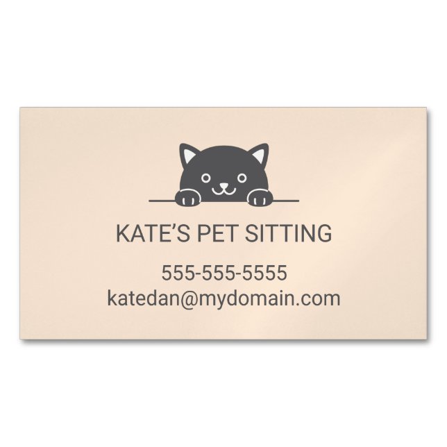 Cute Black Cat Peeking Pet Sitting Service Magnetic Business Card (Front)