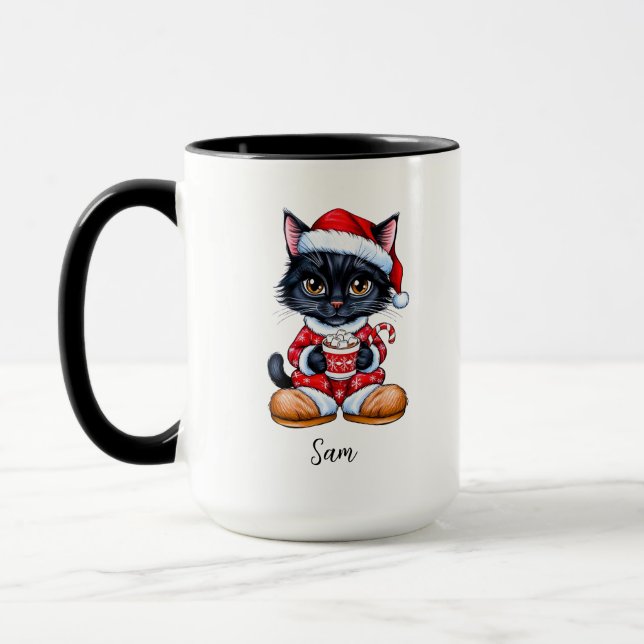 Cute Black Cat personalised Christmas Mug (Left)