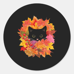 Cute Black Cat Pile Of Leaves Fall Autumn Season Classic Round Sticker
