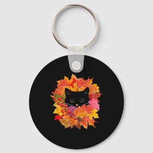 Cute Black Cat Pile Of Leaves Key Ring