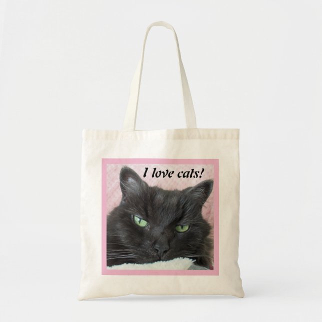 Cute Black Cat Pink Blanket Photo I Love Cats Tote Bag (Front)
