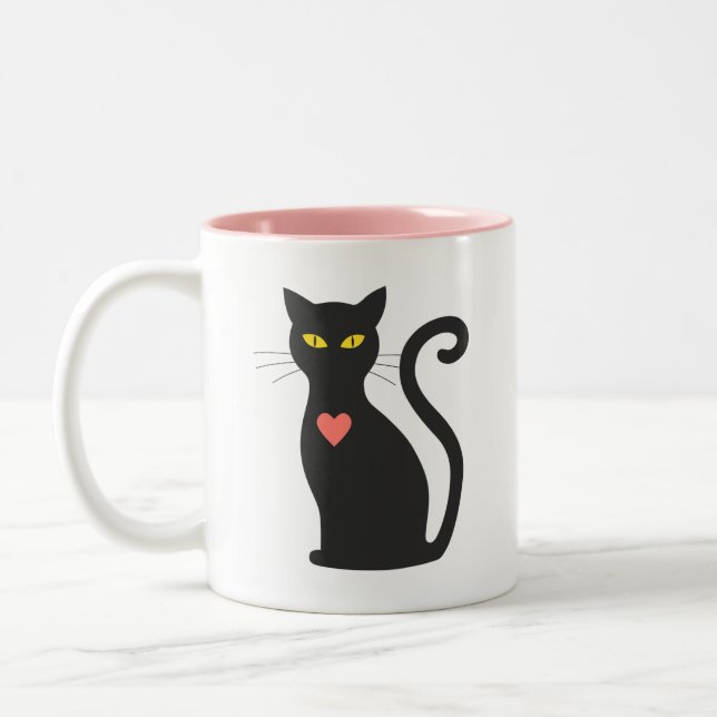 Cute black cat & pink heart Two-Tone coffee mug (Left)