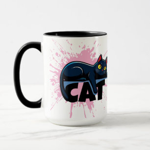 Cute Black Cat Pink Paint Splatter Two-Tone Mug