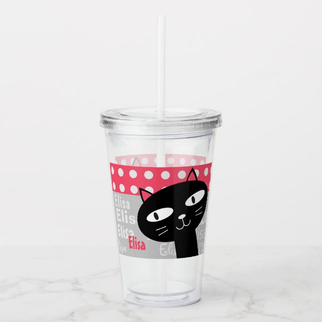 Cute Black Cat Pink Polka Dots Add Your Name Acrylic Tumbler (Front)