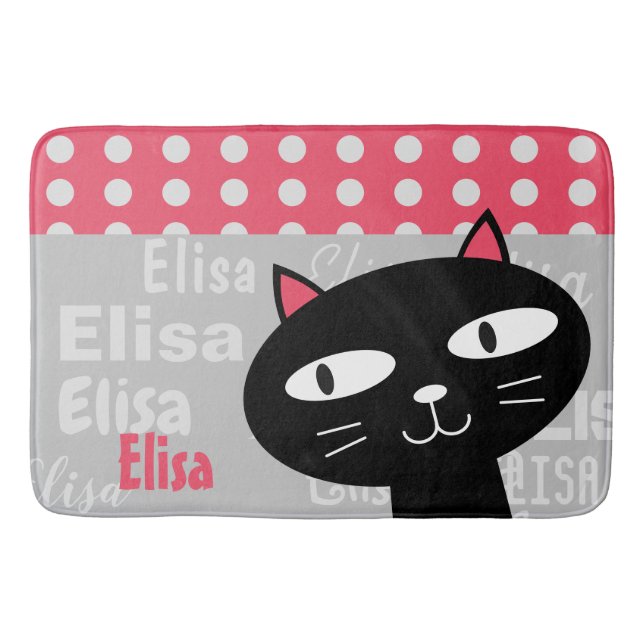 Cute Black Cat Pink Polka Dots Add Your Name Bath Mat (Front)