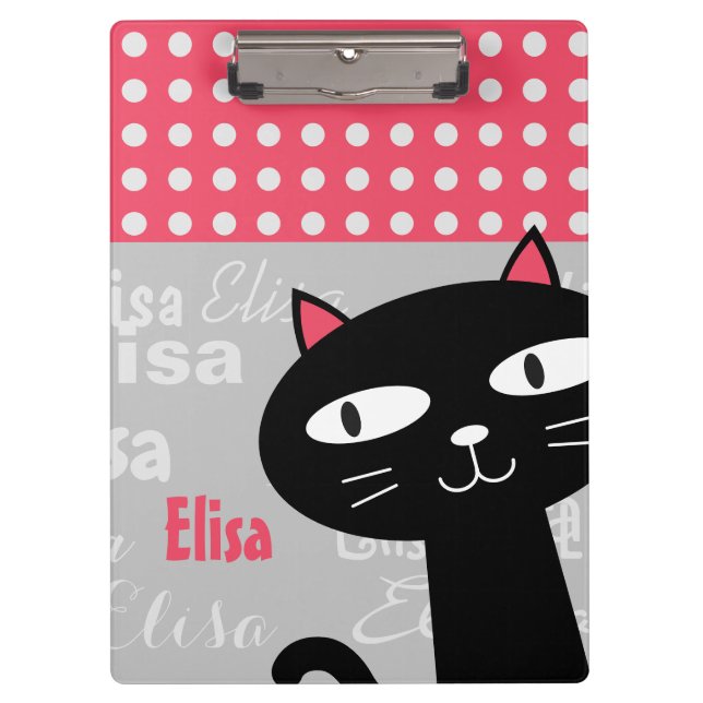 Cute Black Cat Pink Polka Dots Add Your Name Clipboard (Front)