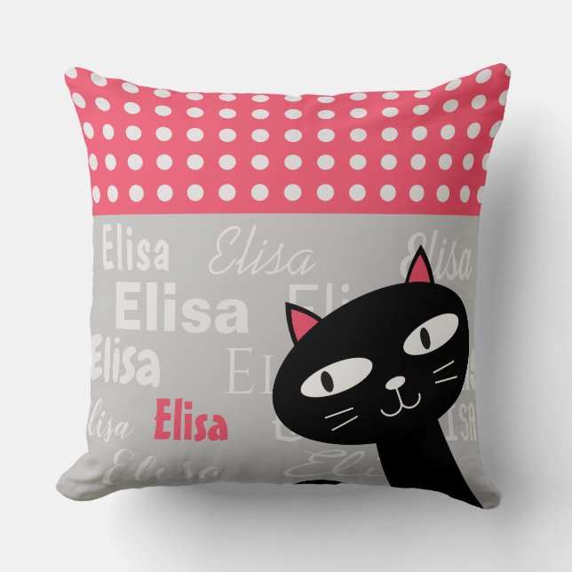 Cute Black Cat Pink Polka Dots Add Your Name Cushion (Front)