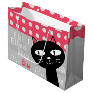 Cute Black Cat Pink Polka Dots Add Your Name Large Gift Bag