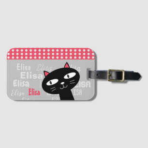 Cute Black Cat Pink Polka Dots Add Your Name Luggage Tag
