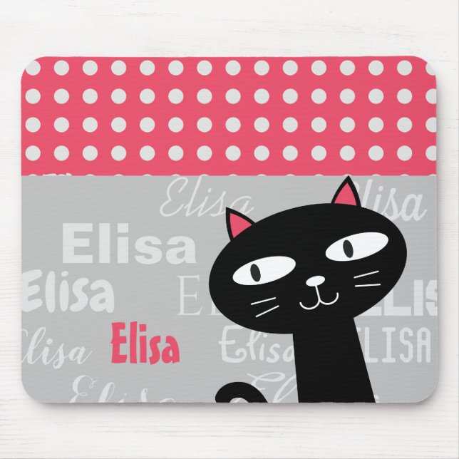 Cute Black Cat Pink Polka Dots Add Your Name Mouse Pad (Front)