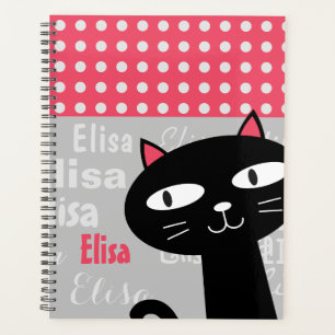 Cute Black Cat Pink Polka Dots Add Your Name Planner