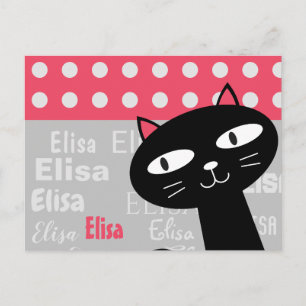 Cute Black Cat Pink Polka Dots Add Your Name Postcard
