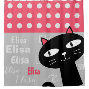 Cute Black Cat Pink Polka Dots Add Your Name Shower Curtain