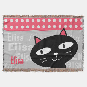 Cute Black Cat Pink Polka Dots Add Your Name Throw Blanket