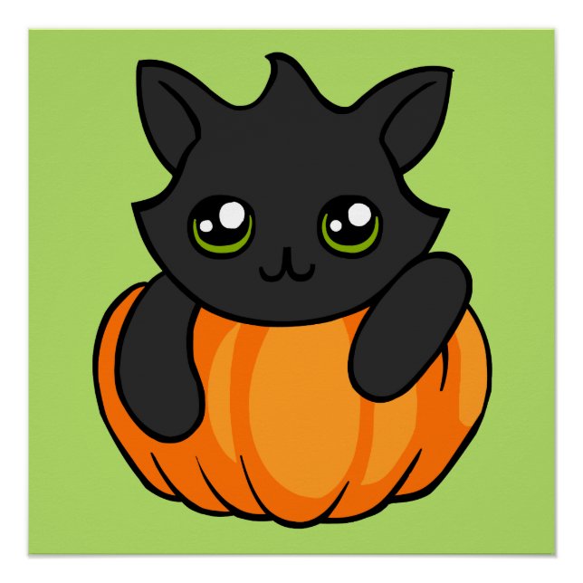 Cute Black Cat Pumpkin Drawing Halloween Poster (Front)