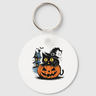 Cute Black Cat Pumpkin For Halloween And Thanksgiv Key Ring