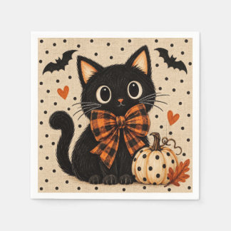 Cute Black Cat Pumpkin Halloween Party Napkins
