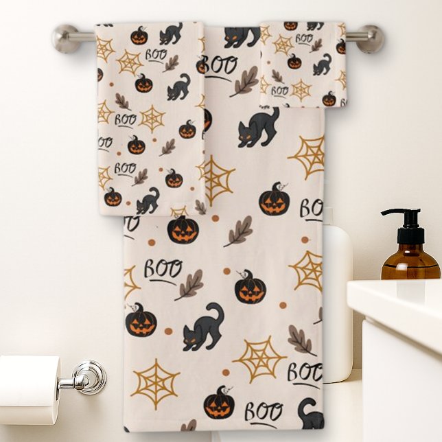 Cute Black Cat Pumpkin Halloween Pattern Bath Towel Set (Creator Uploaded)