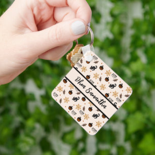 Cute Black Cat Pumpkin Halloween Pattern Key Ring