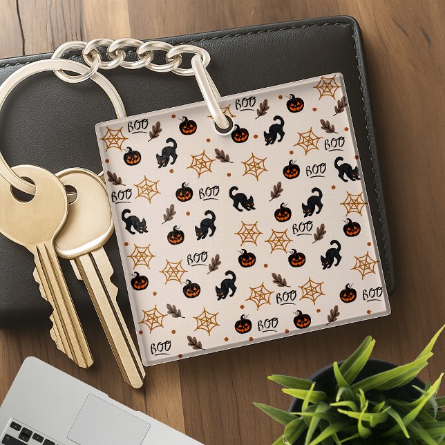 Cute Black Cat Pumpkin Halloween Pattern Key Ring (Creator Uploaded)