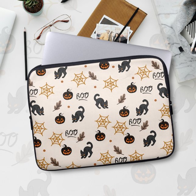 Cute Black Cat Pumpkin Halloween Pattern Laptop Sleeve (Creator Uploaded)