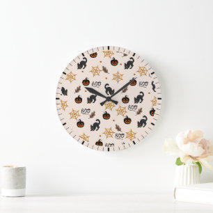 Cute Black Cat Pumpkin Halloween Pattern Large Clock