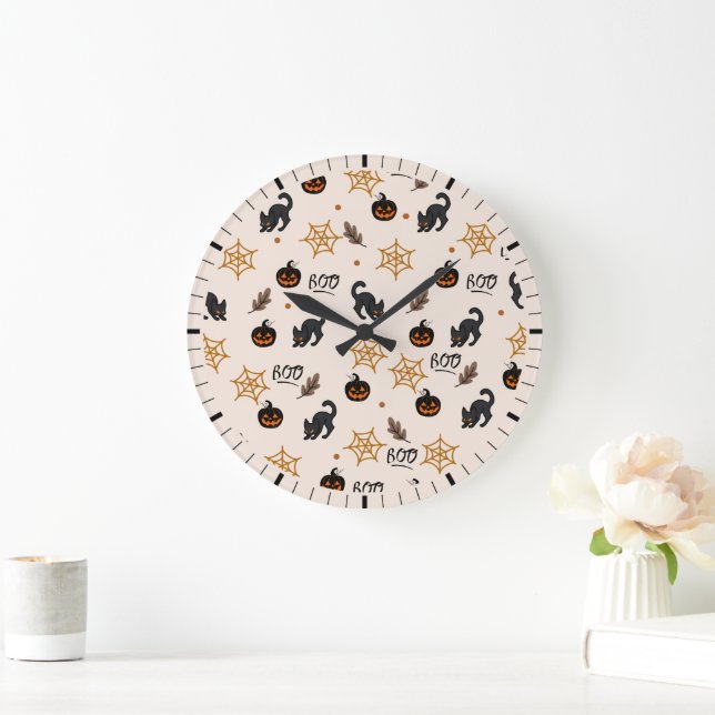 Cute Black Cat Pumpkin Halloween Pattern Large Clock (Home)