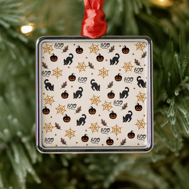 Cute Black Cat Pumpkin Halloween Pattern Metal Ornament (Tree)