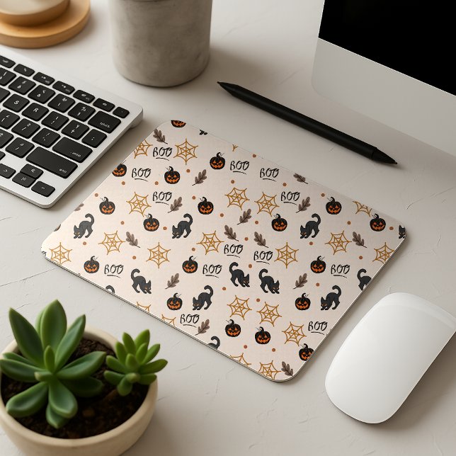 Cute Black Cat Pumpkin Halloween Pattern Mouse Pad (Creator Uploaded)
