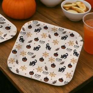 Cute Black Cat Pumpkin Halloween Pattern Paper Plate