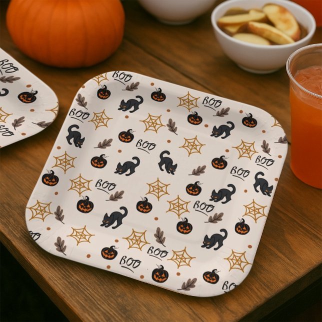 Cute Black Cat Pumpkin Halloween Pattern Paper Plate (Creator Uploaded)
