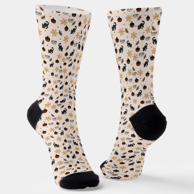 Cute Black Cat Pumpkin Halloween Pattern Socks (Angled)