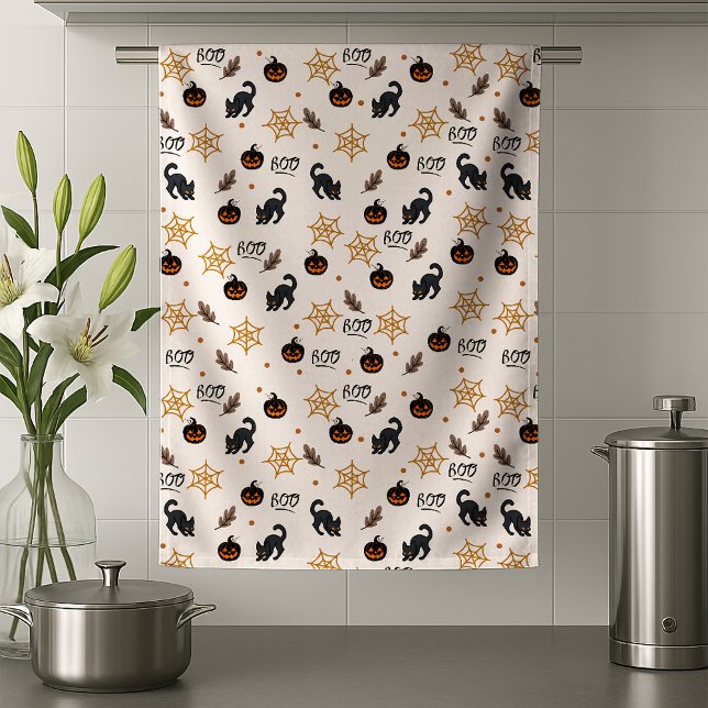 Cute Black Cat Pumpkin Halloween Pattern Tea Towel (Creator Uploaded)