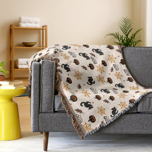 Cute Black Cat Pumpkin Halloween Pattern Throw Blanket