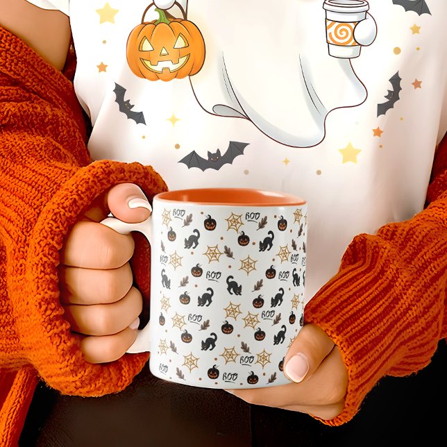 Cute Black Cat Pumpkin Halloween Pattern Two-Tone Coffee Mug (Creator Uploaded)