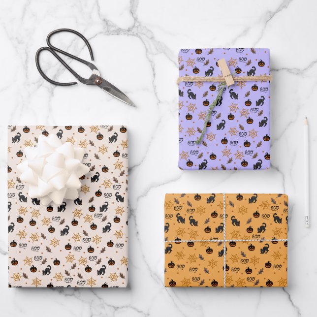 Cute Black Cat Pumpkin Halloween Pattern Wrapping Paper Sheet (Front)