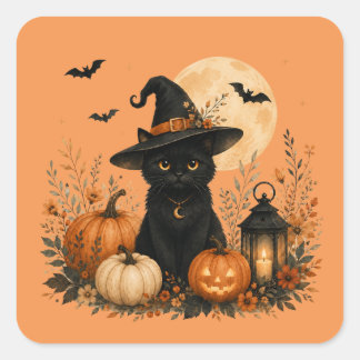 Cute Black Cat Pumpkin Halloween Square Sticker