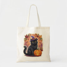 Cute Black Cat Pumpkin Halloween Tote Bag