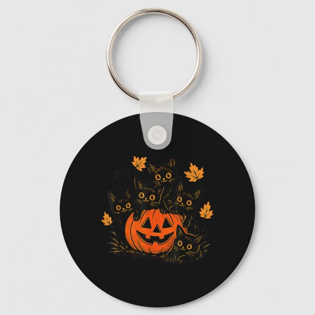 Cute Black Cat Pumpkin Jack O Lantern Kitty Funny Key Ring (Front)