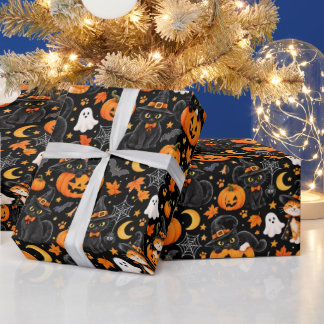 Cute Black Cat & Pumpkin Spooky Seamless Pattern Wrapping Paper