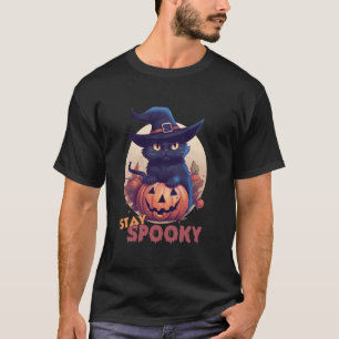 Cute Black Cat & Pumpkin Stay Spooky Full Moon Hal T-Shirt