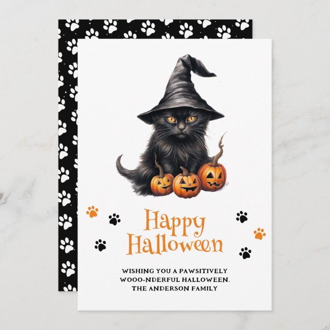 Cute Black Cat Pumpkins Happy Halloween Holiday Card (Front/Back)