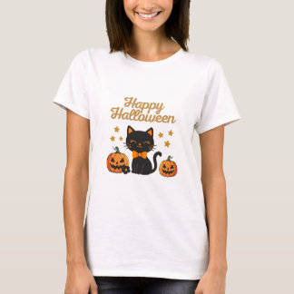 Cute Black Cat Pumpkins Happy Halloween Stars T-Shirt