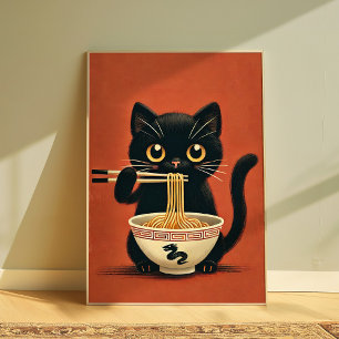 Cute Black Cat Ramen Art Print   Kawaii Noodle Cat