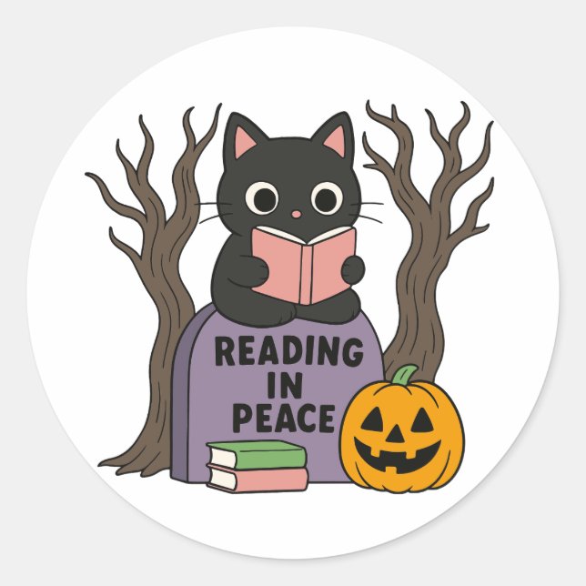 Cute Black Cat Reading in Peace Classic Round Sticker (Front)