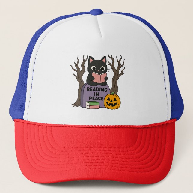 Cute Black Cat Reading in Peace Trucker Hat (Front)