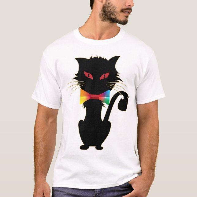 Cute Black Cat Red Eyes Rainbow Colours Artwork T-Shirt (Front)