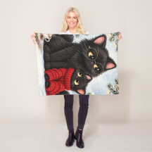 Cute Black Cat Red Sweater Fleece Blanket - Funny