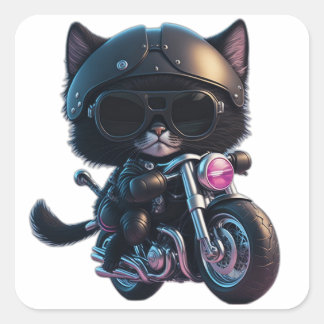 Cute Black Cat Riding a Motorcycle Square Sticker