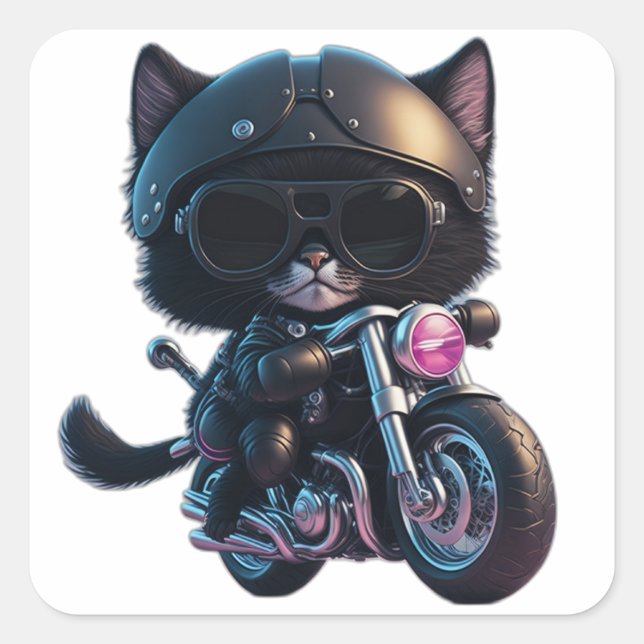 Cute Black Cat Riding a Motorcycle Square Sticker (Front)